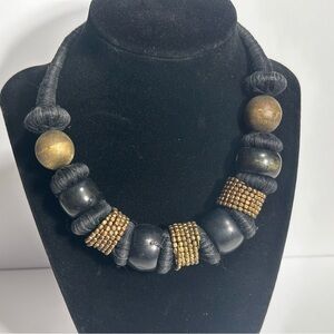 Chunky Dark Multi Media Collar Necklace Wood Textile Seed Beads Grunge Sleaze